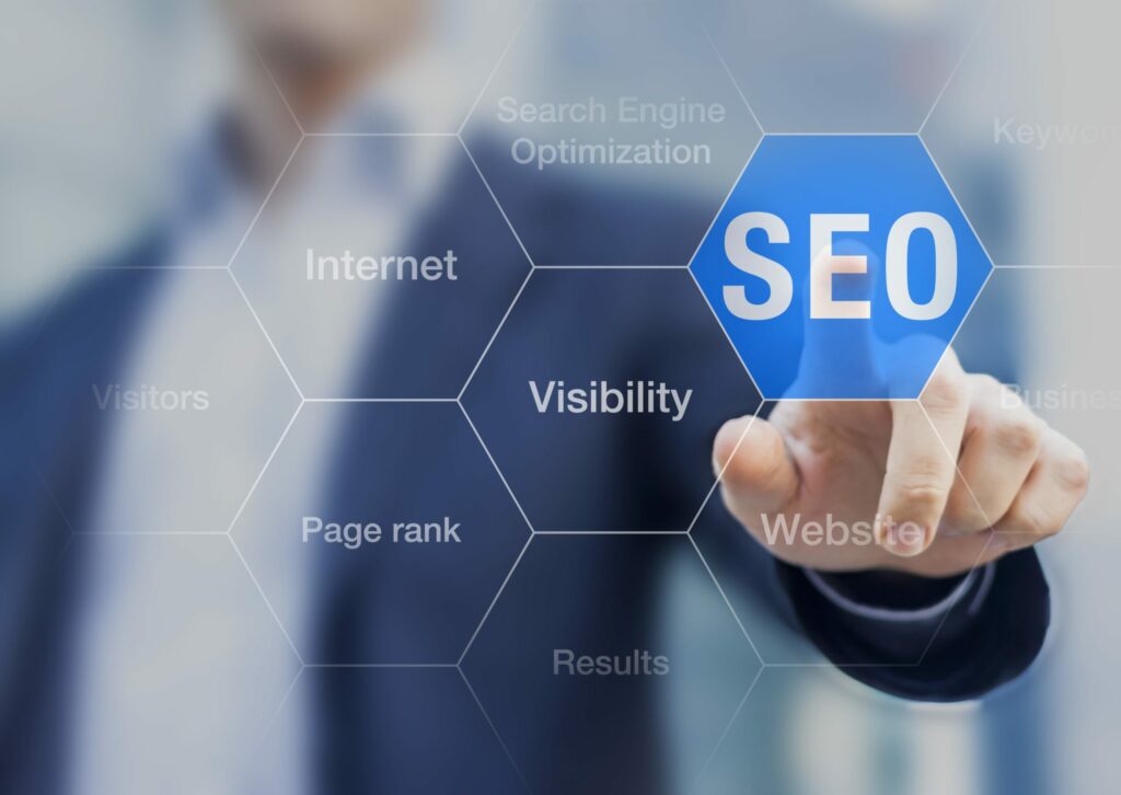 Man pointing to highlighted SEO hexagon